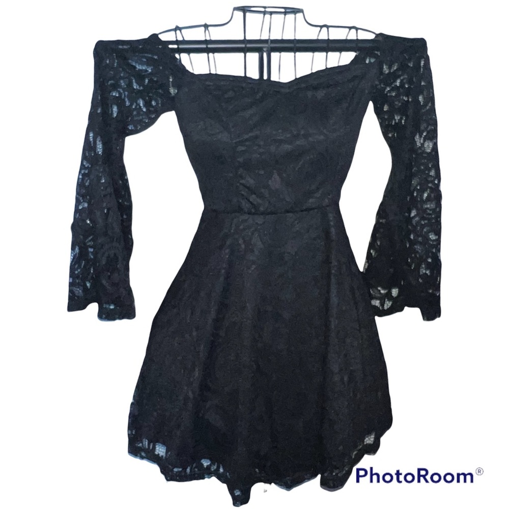 Black Lace Off the Shoulder Bell Sleeve Dress